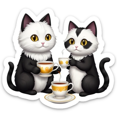 a black cat and a white and black cat that are enjoying a tea sticker