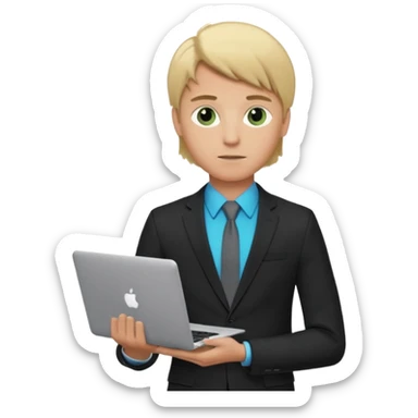 a young boy of about 20 with blond hair that is medium length, he is dressed in suit with tie and jacket, tie blue jacket black, in his hands he has a gray macbook, and black iphone. green-brown eyes sticker