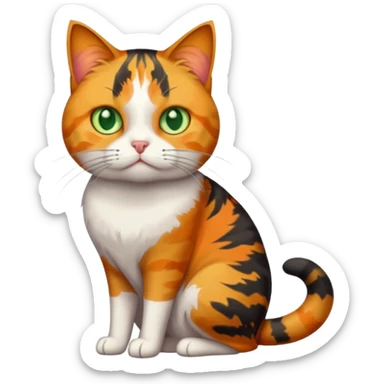 full body colourful calico tabby cat with skinny head and fat body with an anxious face sticker