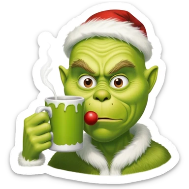 Creepy guy drinking from a Grinch mug sticker