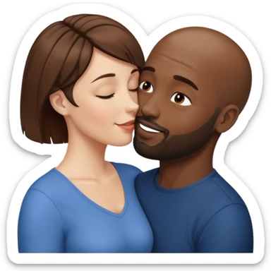 a white woman with short brown hair and a black man with no hair and a beard are facing one each other.  The woman is giving a kiss to the man's forehead sticker