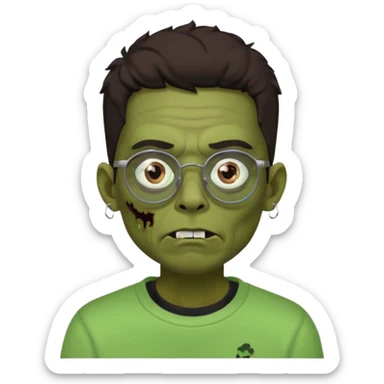 Chico moreno zombie, con gafas y sudadera negra, dos aretes en la oreja izquierda y dos en la derecha, ojeras en los ojos y sticker