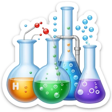 An icon featuring laboratory flasks with tubes, symbolizing chemistry. The design includes liquid and powder substances, a chemical reaction with bubbles, and molecular formulas, representing chemical processes like hydrolysis. Transparent background sticker