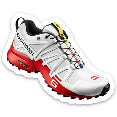 White Salomon XT-6 shoes with the signature colored speedcross stripe running through the middle, red Salomon logo stripe, one shoe behind the other, iOS emoji style, rest of the shoe pure white sticker