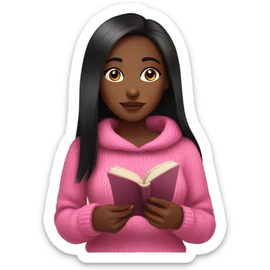Pretty black girl with pink sweater and long straight black hair reading cozy sticker