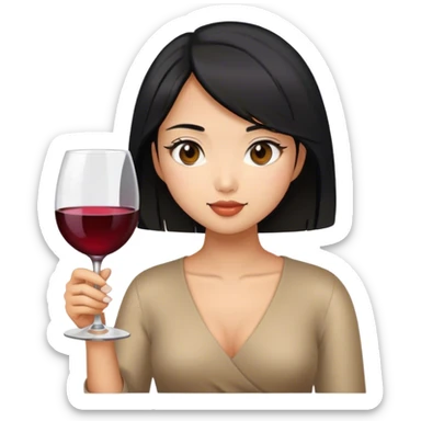 tan asian girl with black hair holding glass of wine sticker