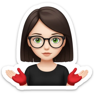 a cute white brunette girl with green eyes in a black dress wearing glasses  with two hands  sticker
