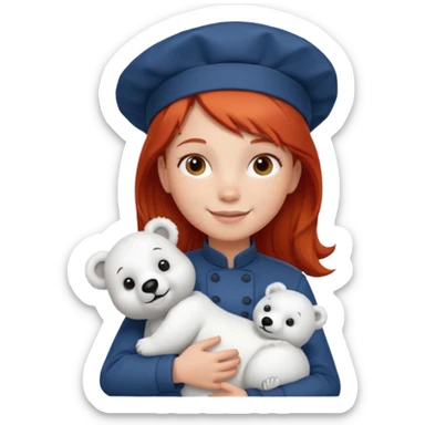girl kid italian chef, red haired, uniform, holding plush polar bear sticker