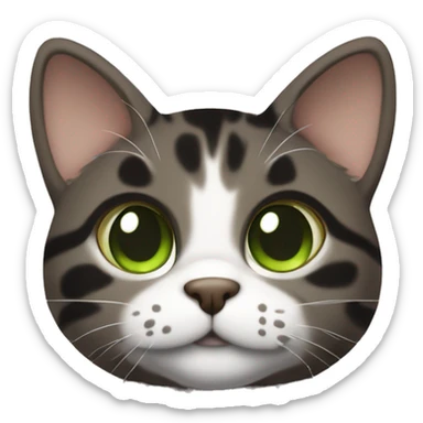 Dark brown and black and dark grey tabby dark brown black spotted with white paws cat with brown-green eyes and white neck sits sticker