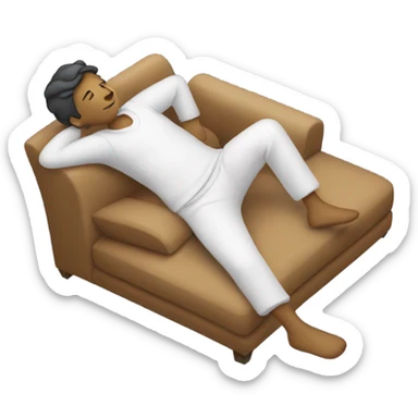 A person lying on a sofa, one leg crossed over the other, with hands behind the head, relaxing in a cozy setting, neutral skin sticker