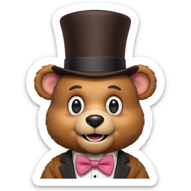Freddy Fazbear as a cute bear animatronic, brown fur, top hat, bow tie sticker