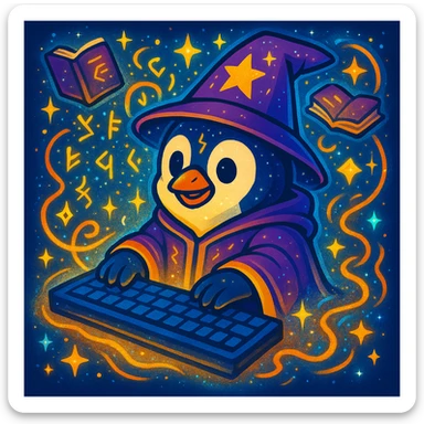 Make the penguin wizard scene even more magical, with glowing runes, swirling sparkles, floating spellbooks, and a shimmering aura around the penguin and keyboard. Enhance the magical atmosphere with vibrant mystical effects. sticker