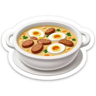cinematic-realistic zurek-soup-dish-emoji,-depicted-as-a-tangy,-creamy-rye-soup-with-sausage-and-boiled egg-rendered-with-detailed-textures-and-warm,-comforting-lighting. sticker