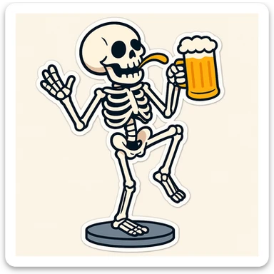 Create a variant of a skeleton drinking a beer, balancing on one leg like a flamingo, with a different pose, in a cartoon sticker style. The style should mimic cartoonish stickers with bold outlines and vibrant colors. sticker