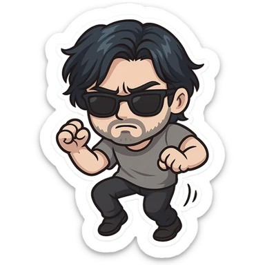 a dark brooding hipster with electric dark blue hair, surfer middle part, chin length hair, black classic rayban shades, plain gray t-shirt, doing the gimmie dance, maniac dance, 1980's dance sticker