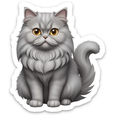 cinematic-[grey persian cat]-realistic-full-body-sitting-emoji,-tail-curled-playfully-around-its-paws,-head-tilted-dramatically,-fluffy-[grey]-fur,-simplified-yet-realistic-focused-features,-highly-detailed,-glowing-with-an-almost-sarcastic-glow sticker