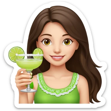 happy long haired brunette girl hazel eyes in light pink holding a margarita   sticker