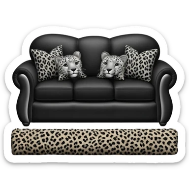 detailed, hyperrealism, still life style, beautiful realistic black leather sofa, with a realistic black, white and gray leopard print fuzzy blanket and black velvet pillows with a 2D appearance, to appear realistic  sticker
