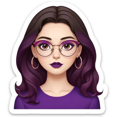 young woman with fair skin, brown almond shaped eyes with smoky eyeliner and long eyelashes, full arched eyebrows, long dark brown wavy hair with purple tips, rose gold cat eye glasses, a downturned nose with a ring in the left nostril and full lips with dark berry lipstick sticker
