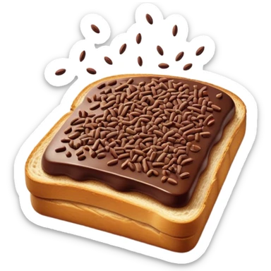 Hagelslag Cinematic Realistic Hagelslag Treat Emoji, depicted as crunchy chocolate sprinkles scattered on a slice of buttered bread, rendered with vivid textures and playful, inviting lighting. sticker