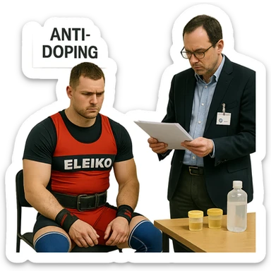 European powerlifter in anti-doping testing room, wearing competition clothing, official checking documents, serious atmosphere, realistic details, isolated on white background sticker