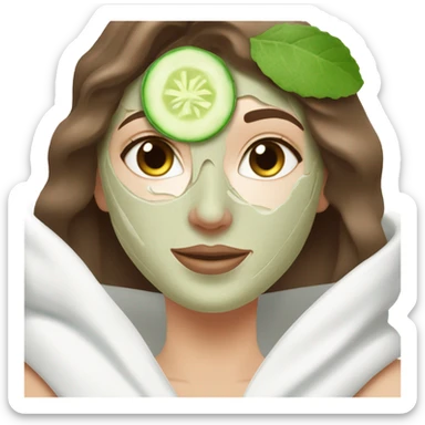 White girl with Brown hair and blue eyes wears a Green colored skincare clay textured mask and puts on cucumbers around her eyes while She relaxes in her white Robe sticker