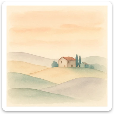 Tuscany countryside at sunset, soft orange and pink sky, gentle hills, distant farmhouse, impressionist style sticker
