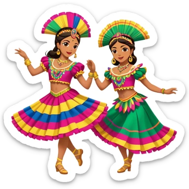 Cinematic Realistic scene of two dancers performing Cumbia, adorned in colorful traditional Colombian costumes with intricate details, captured in rhythmic motion with lively, festive lighting sticker