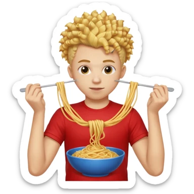 una persona de 18 años marron clarito con el pelo amrillo rizado con una camiseta roja y azul con un logo circular dorado y levantando unos spagethis y que tenga el pelo para abajo con boicano sticker