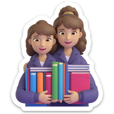 middle-aged science teacher, light brown hair in ponytail with bangs, brown eyes, smiling and holding a stack of science books sticker