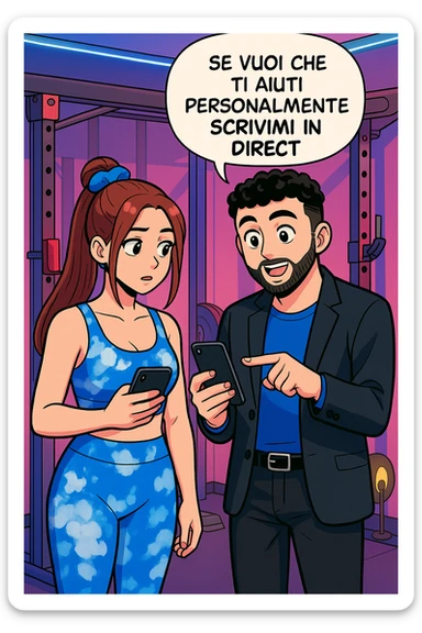 TRASFORMA QUESTO CAROSELLO IN UN FUMETTO STILE WEBTOON/MANGA A COLORI CON QUESTE DUE PERSONE IDENTICHE CHE INTERLOQUISCONO TRA LORO, L'UOMO MOSTRA UNO SMARTPHONE ALLA DONNA INDICANDOLO, E ANCHE LA DONNA HA LO SMARTPHONE IN MANO PER ANDARE A SEGUIRE IL SUO PROFILO INSTAGRAM:

LUI (UOMO): Se vuoi che ti aiuti personalmente
SCRIVIMI IN DIRECT sticker