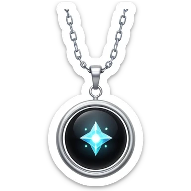 magical onyx pendant glowing with silver light, surrounded by tiny cosmic sparks, chain suspended invisibly sticker