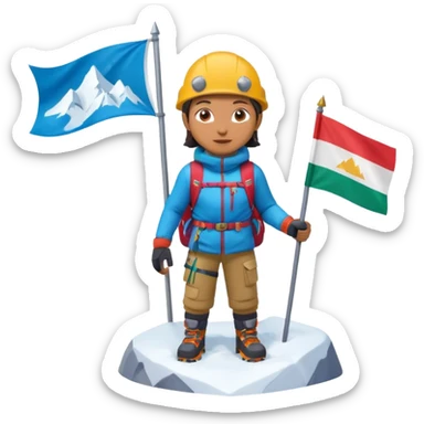 A 3D cartoon mountaineer standing on a snowy Everest-like summit with a flag, wearing colorful climbing gear, soft lighting, Memoji-style. sticker