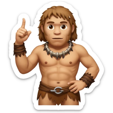 A full-bodied Neanderthal, dressed in a loincloth, points his thumb to the right
 sticker
