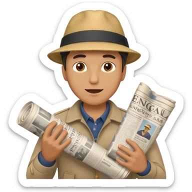 man energetically throwing a rolled-up newspaper to his right sticker