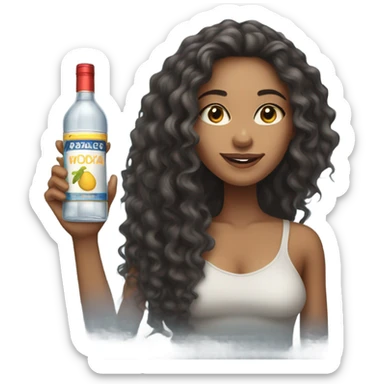 Mixed race woman with long curly hair with a bottle of vodka sticker