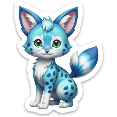 Exotic tropical shiny cute realistic Cobalt-Blue-green-turquoise-gradients, black, white Purloin-Meowstic-Minccino-Cinccino-serval-furret-Noibat-caracal-fusion-hybrid-creature (full body) sticker