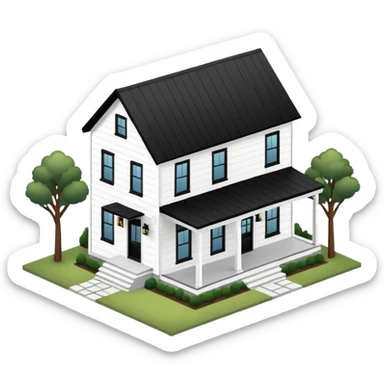 modern farmhouse with white siding and black trim, 3d isometric sticker