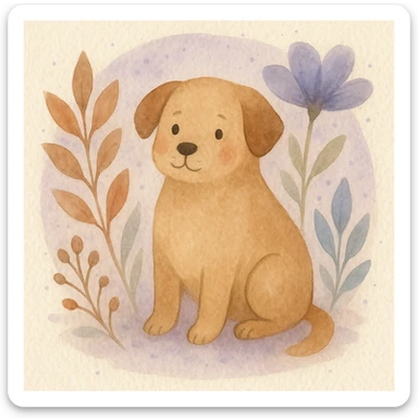 <systemPrompt>
  <style name="Watercolor Botanical Illustration">
    <medium>Watercolor</medium>
    <texture>
      <paper>Soft cotton texture, subtle grain</paper>
      <wash>Transparent color washes with visible layering</wash>
    </texture>
    <palette>
      <primary>Muted earth tones (browns, reds)</primary>
      <accent>Pastel purples and blues</accent>
      <background>Faded lavender wash with scattered dots</background>
    </palette>
    <details>
      <linework>Minimal, soft edges, no outlines</linework>
      <shading>Natural blending, subtle tonal gradients</shading>
      <features>
        <botanical>Organic shapes, abstract leaf and petal structures</botanical>
        <animal>Round forms, friendly expressions, simplified anatomy</animal>
      </features>
    </details>
    <composition>
      <focus>Centered subject</focus>
      <background>Soft circular watercolor wash</background>
      <spacing>Balanced with gentle whitespace</spacing>
    </composition>
    <atmosphere>Whimsical, serene, hand-painted</atmosphere>
  </style>
  <instructions>
    Use this style for all elements in the image. Ensure the soft watercolor texture is preserved across both the subject and background. Emphasize organic, natural forms with minimal sharp detail.
  </instructions>
</systemPrompt>

{subject} = dog sticker