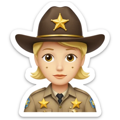 Generate me a yellow-skinned person from Apple's emoji, and make him wear a realistic sheriff's uniform from the United States, but please only add two stars to the uniform, one on the hat and the other on the shirt. sticker