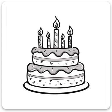 A decorated birthday cake with layers and frosting in pastel colors (dd9fb0, ffc6d3, a3bfc9, c4bee2, f1b091), hand-drawn doodle style sticker