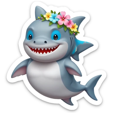 A cute chubby shark with hawaii pastel flower necklace and hawaiian flower crown, posing proudly. sticker