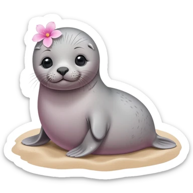 A small, slim baby seal resting gracefully on a sandy beach, with a delicate pink flower placed on its head.  Grey color sticker
