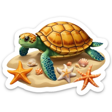 turtle, starfish, and shells together with a beach background sticker