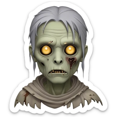 Cinematic Noble Zombie Portrait Emoji, Surprisingly dignified and somber, with a decaying yet strangely regal visage in ashen grays and muted tones, draped in tattered attire hinting at a lost grandeur, simplified yet meticulously detailed, glowing with a soft, eerie radiance and a gentle outline that evokes the tragic nobility of the undead! sticker