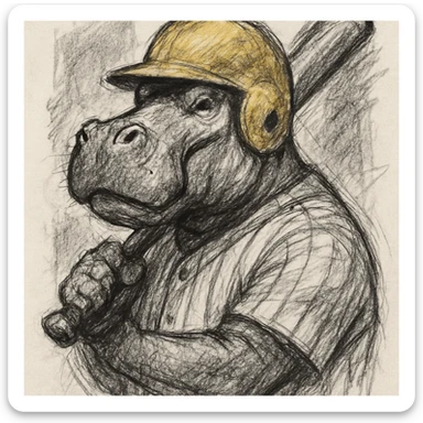hippo holding a baseball bat, wearing a yellow helmet, pinstripes outfit sticker