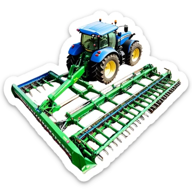 Bourgault 3420 Paralink Hoe Drill (2022) – Cinematic-realistic John Deere 6155M tractor hauling a Bourgault 3420 Paralink Hoe Drill, its powerful green frame pulling the vast blue seeder across endless fields. The machine plants seeds with pinpoint accuracy, leaving precise rows in the rich brown soil,  sticker