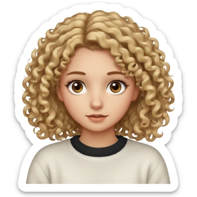 a dirty blonde girl with brown eyes and make her wearing a white sweater with curly hair and white skin color long har and big lashes sticker