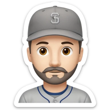 white young male with small dark brown goatee beard and moustache with grey tones wearing a grey baseball cap backwards with hazel eyes sticker