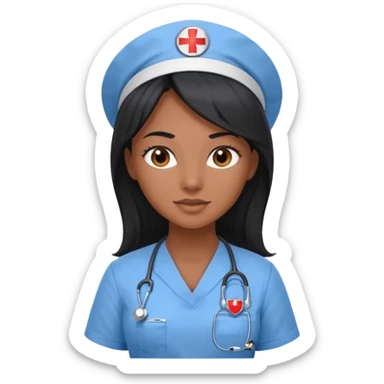 pretty brown skin nurse with long black hair and brown eyes in light blue scrubs sticker